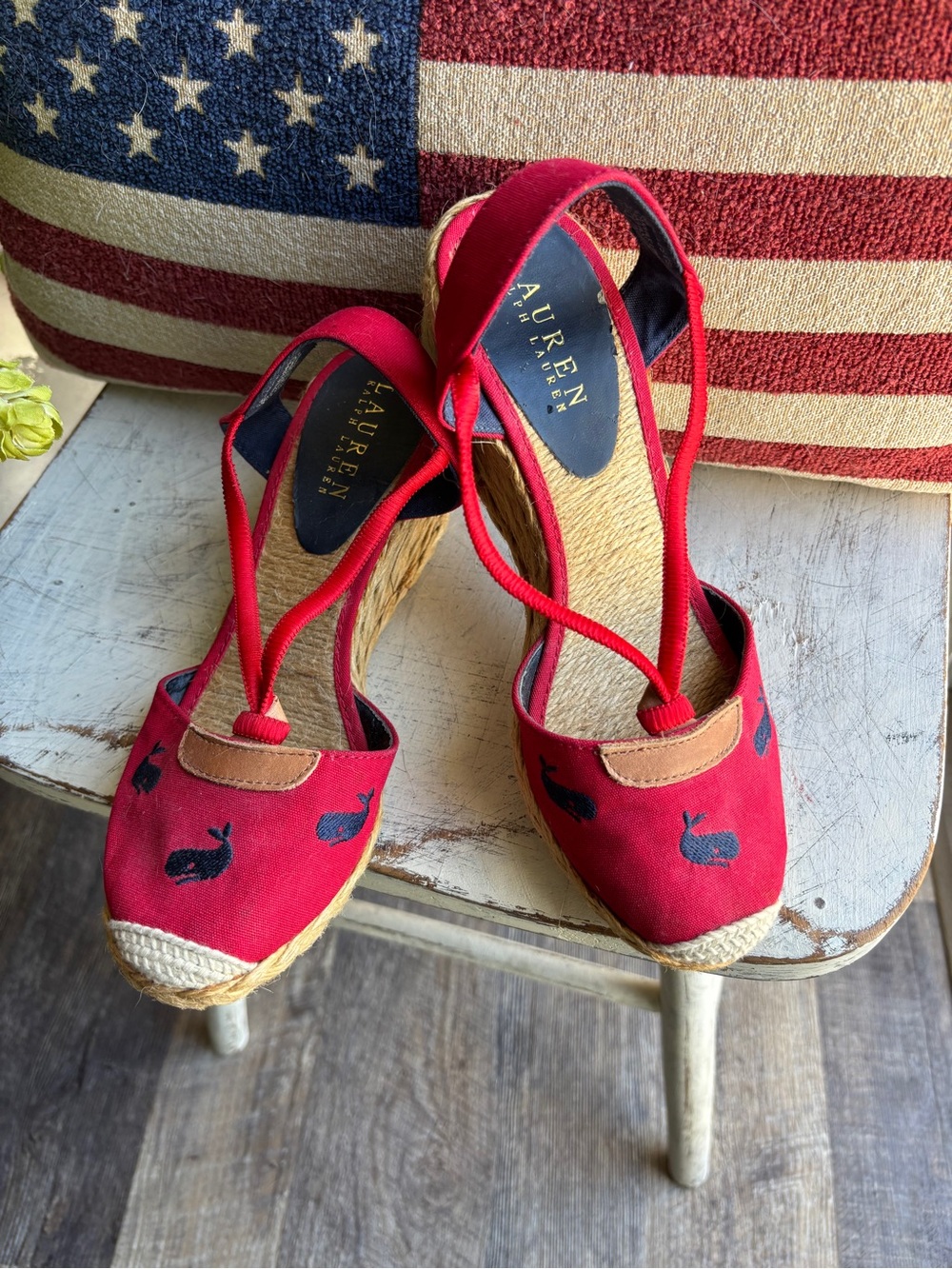 Lauren Ralph Lauren Red Espadrille Wedge Slingbacks with Navy Whale Embroidery